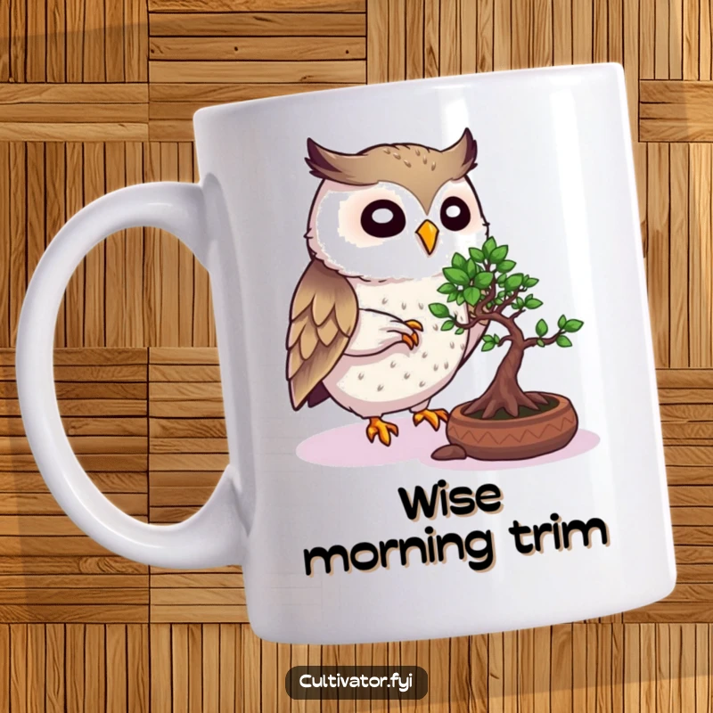 Funny Owl Mug: Lively owl carefully pruning a miniature bonsai tree with focus and precision, a wise and humorous design.