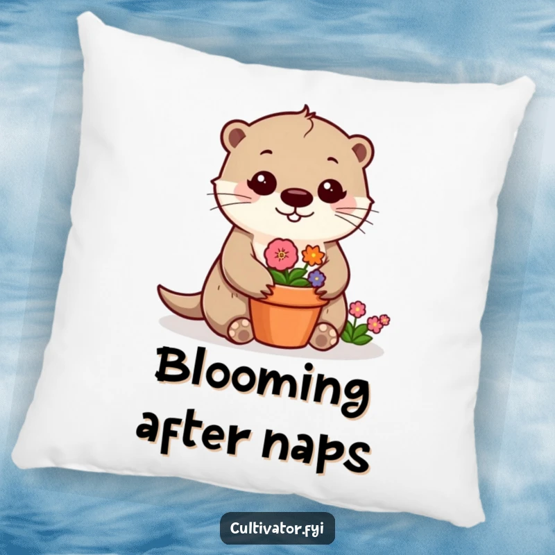 Funny otter pillow with a cheerful otter tending a vibrant flower pot, adding a touch of cozy charm and humor.
