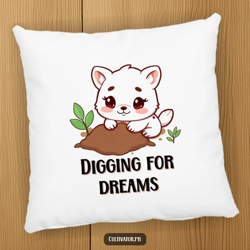 Funny Pillow showcasing a determined animal character joyfully digging in the soil with small, happy paws, adding comfort and humor.