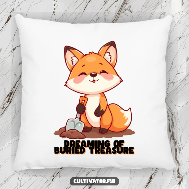 Funny fox digging with a shovel on a decorative pillow, a humorous and energetic addition to any cozy space.