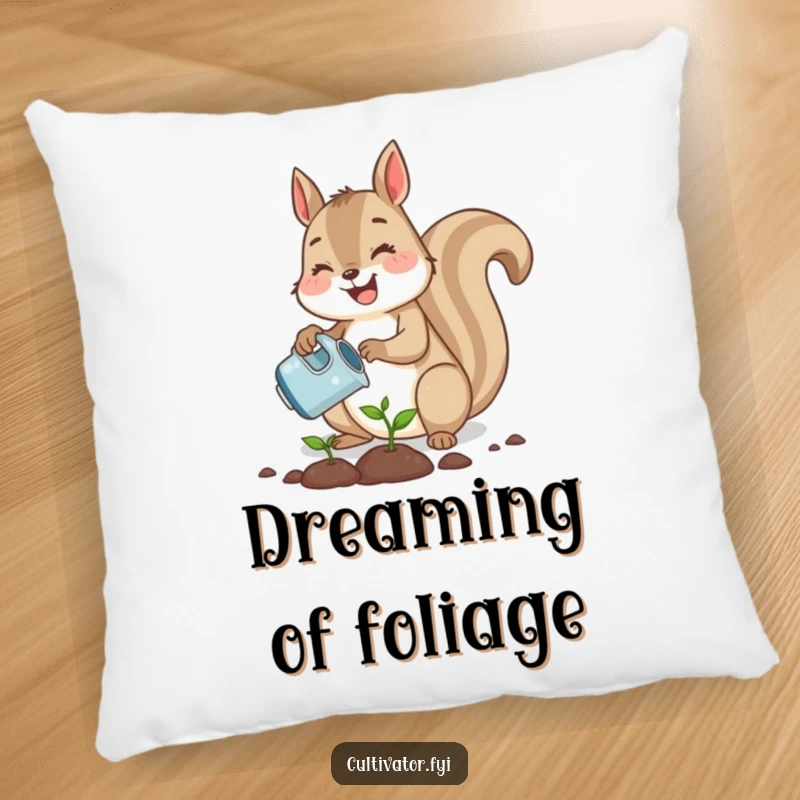 Funny cute squirrel joyfully planting a tiny seed with a watering can, a soft and humorous decorative pillow.