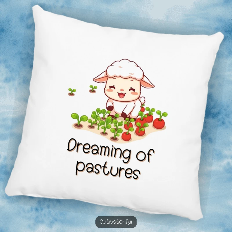 Funny happy sheep joyfully tending rows of tiny vegetables pillow, soft and comforting, celebrating garden abundance.