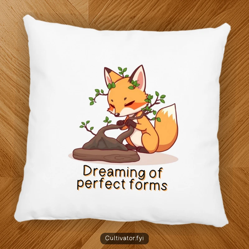 Funny determined fox carefully pruning a miniature bonsai tree pillow, soft and comforting, celebrating focus.