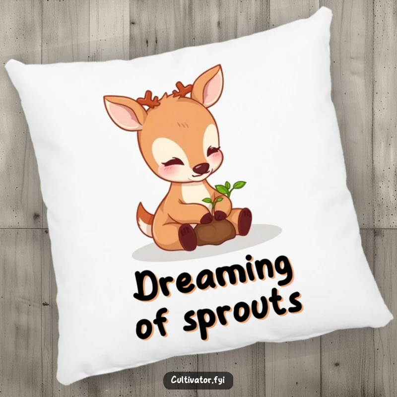 Funny perky deer pillow, carefully nurturing a sprouting seedling with its paws, providing cozy comfort with a touch of nature.
