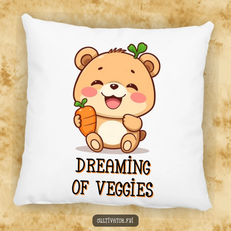 Funny pillow, joyful bear holding a carrot, soft cushion, healthy animal design, humorous home decor.