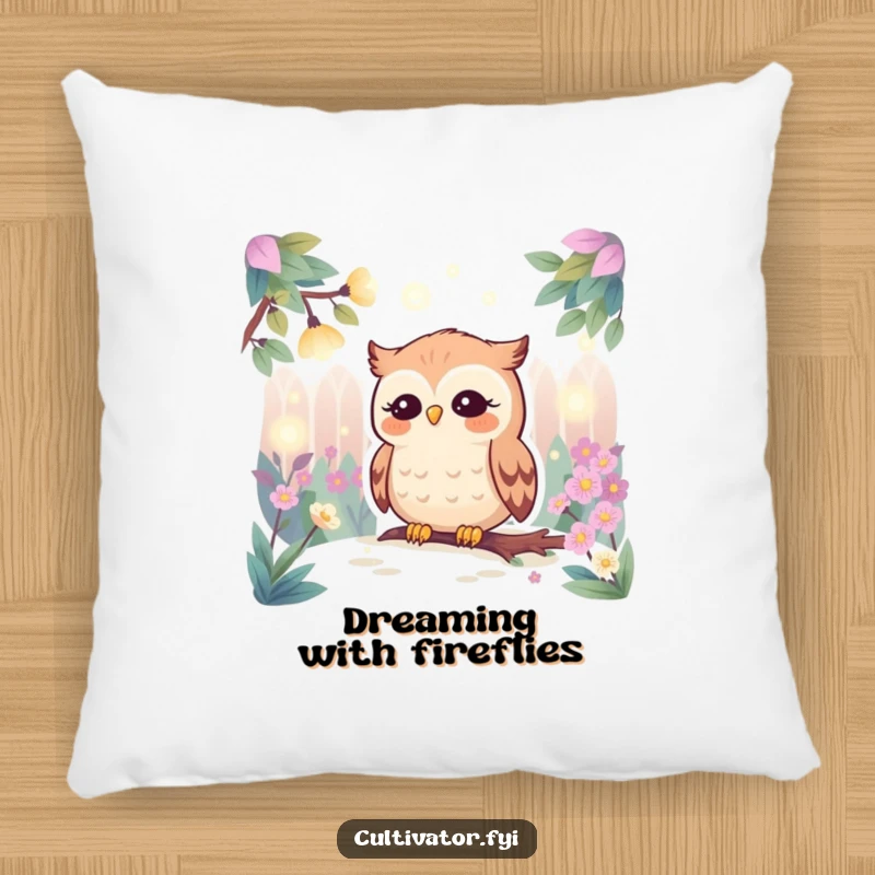 Funny pillow featuring a calm owl character observing a scattering of bright fireflies in a beautifully detailed garden setting, perfect for cozying up.