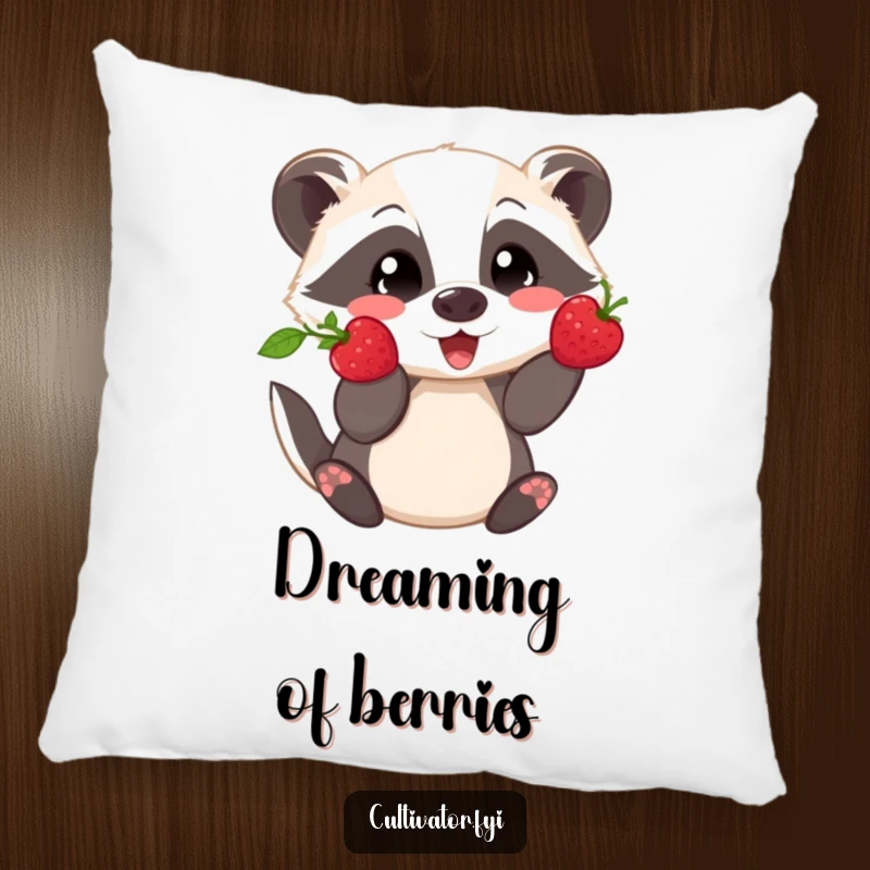 Funny pillow featuring a playful badger proudly showing off a freshly picked berry, offering cozy outdoor comfort.