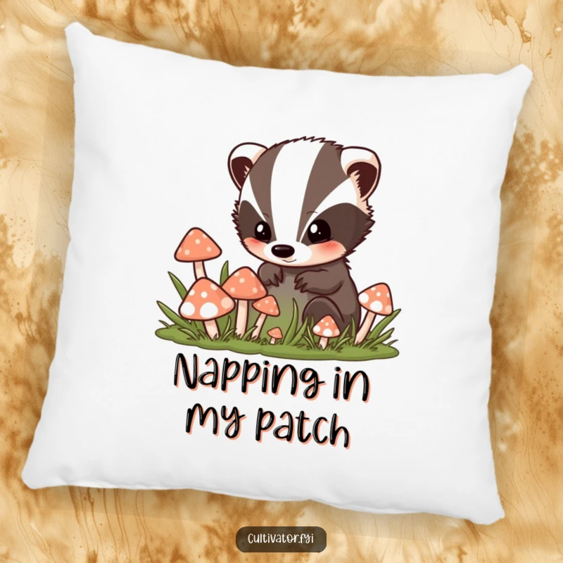 Funny pillow featuring a curious badger character peeking into a colorful mushroom patch, offering cozy comfort and woodland whimsy.
