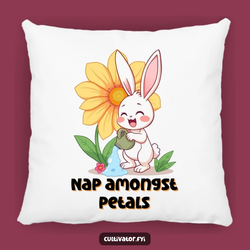 Funny Bunny Flower Watering Throw Pillow - Cheerful Home Decor Gift