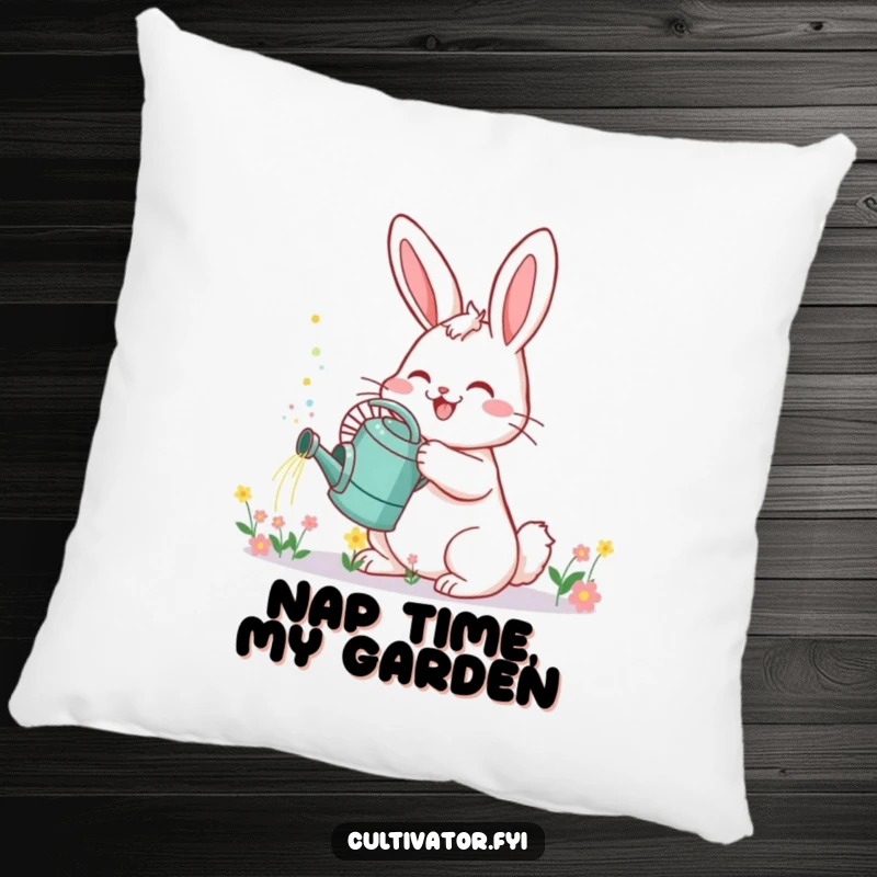 Funny Bunny Pillow: Soft cushion featuring a cheerful bunny watering can sprinkling tiny flowers with glee.