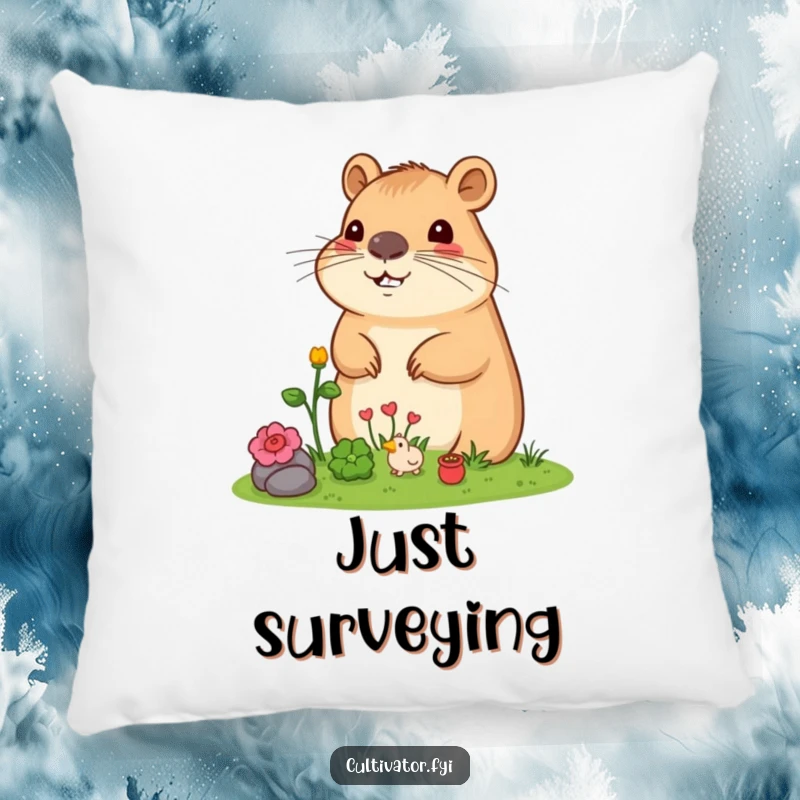Funny Capybara Pillow: Content capybara relaxing amongst its miniature garden, offering plush comfort and humorous charm.