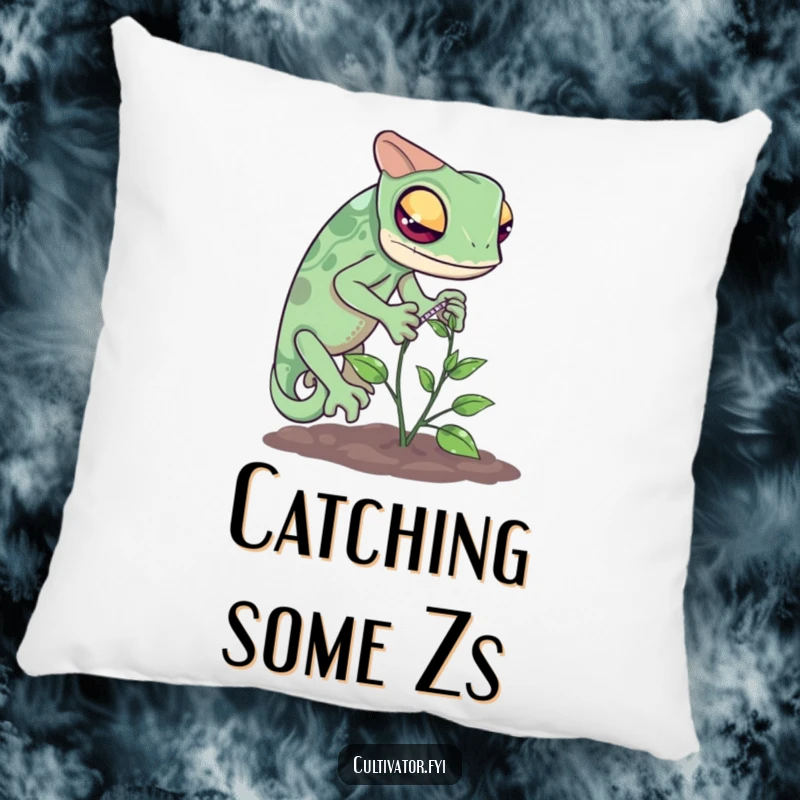 Funny chameleon measuring pillow with a curious reptile carefully measuring a tiny vine's progress, perfect for study nooks.
