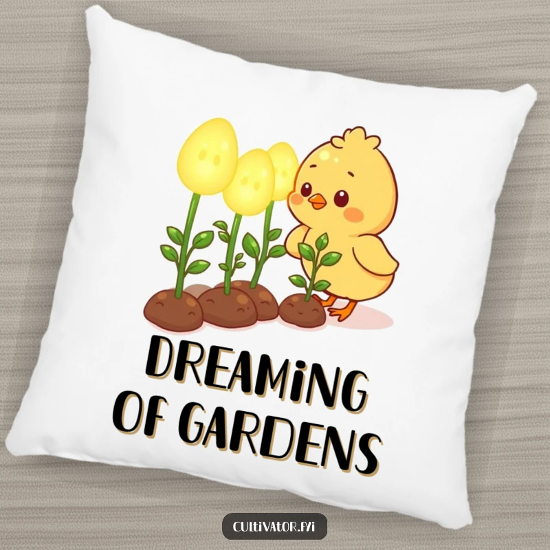 Funny throw pillow featuring a cute chick character happily tending to oversized, glowing seedlings, a charming and magical design.