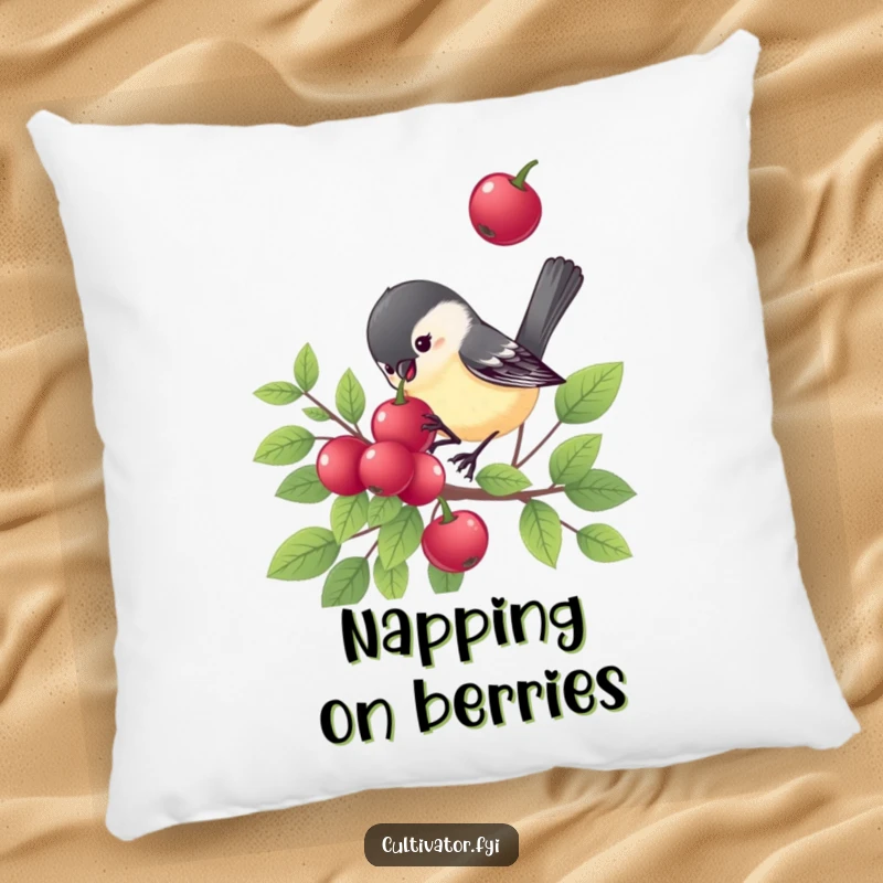 Funny chickadee pillow, a happy bird eating a berry, soft cushion, humorous nature accent, ideal funny gift for comfort.