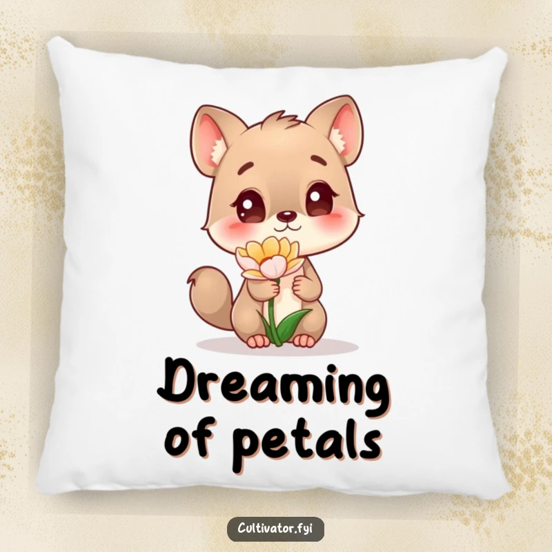 Funny Pillow showcasing a curious animal character deeply interested in a small, blooming flower, adding a touch of gentle humor and warmth.