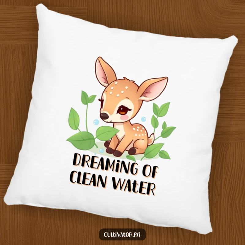 Funny pillow featuring a focused deer character delicately collecting dew drops from leaves, offering serene comfort and subtle humor.