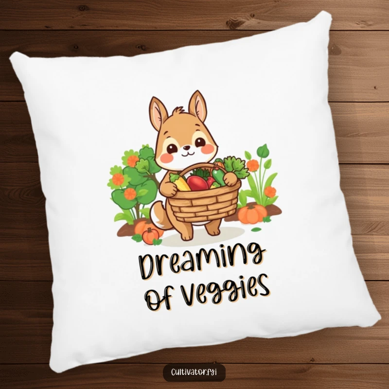 Funny pillow featuring a smiling animal character offering a basket of fresh produce, providing humorous comfort and kitchen vibes.