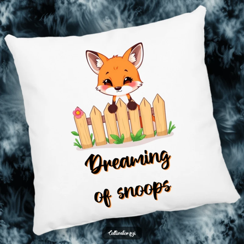 Funny pillow featuring a curious fox peeking over a garden fence with playful excitement, adding a touch of whimsy.