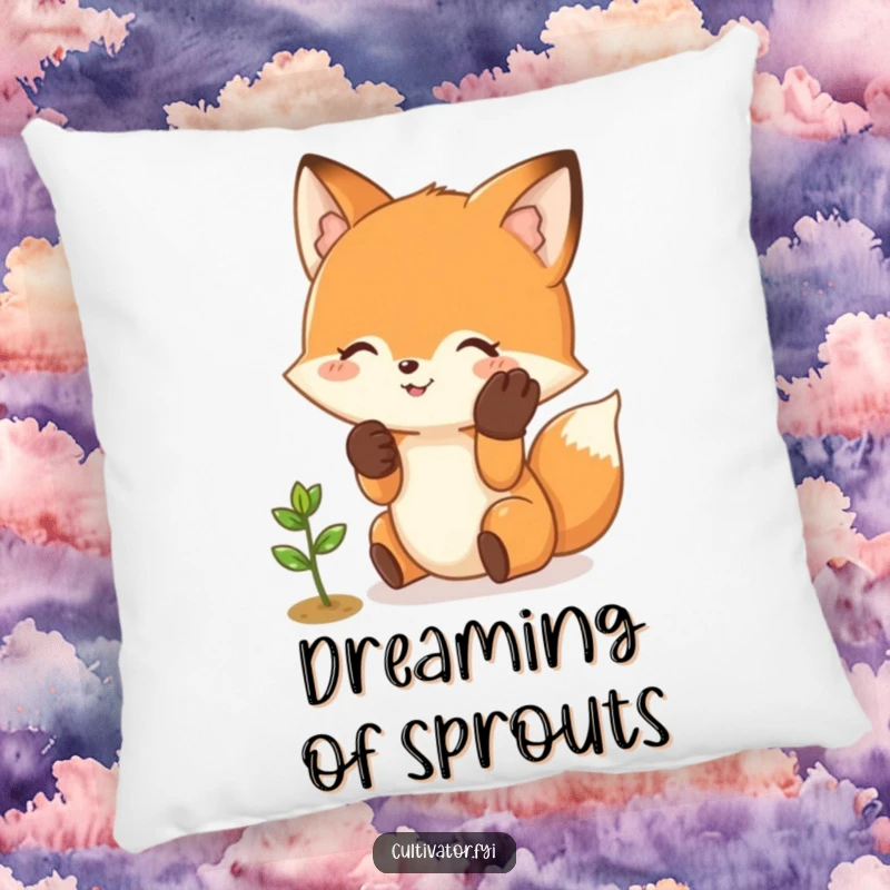 Funny Fox Pillow: Soft cushion featuring a happy fox character wearing gloves tending a small sprout.