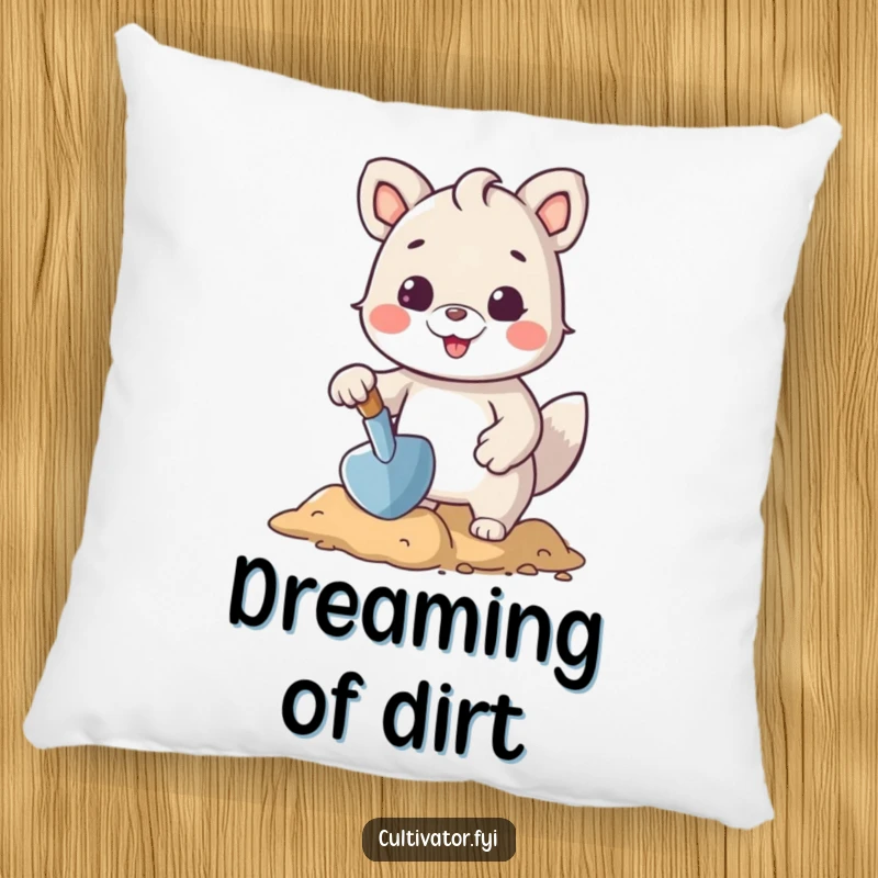 Funny pillow featuring a cheerful animal character using a trowel to shape the earth, offering humorous comfort and garden vibes.