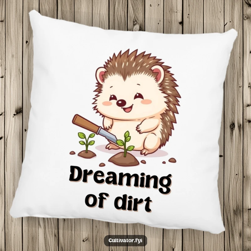 Funny hedgehog pillow, a hedgehog planting a seed, soft cushion, humorous garden accent, ideal funny gift for comfort.
