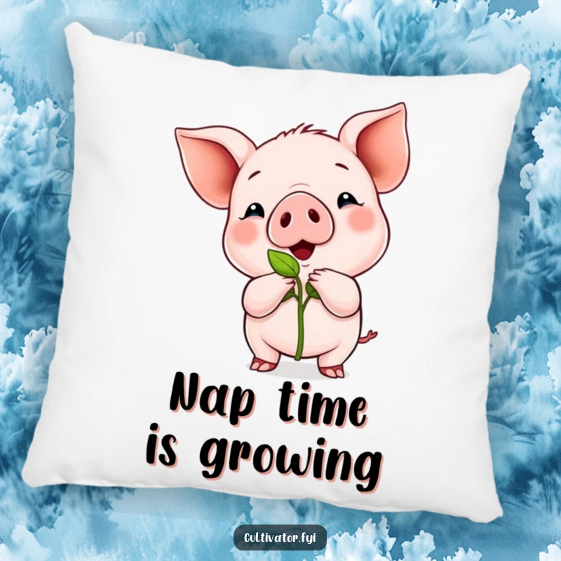 Funny pillow featuring a proud piglet holding a tiny green sprout, bringing cozy humor and garden cheer.