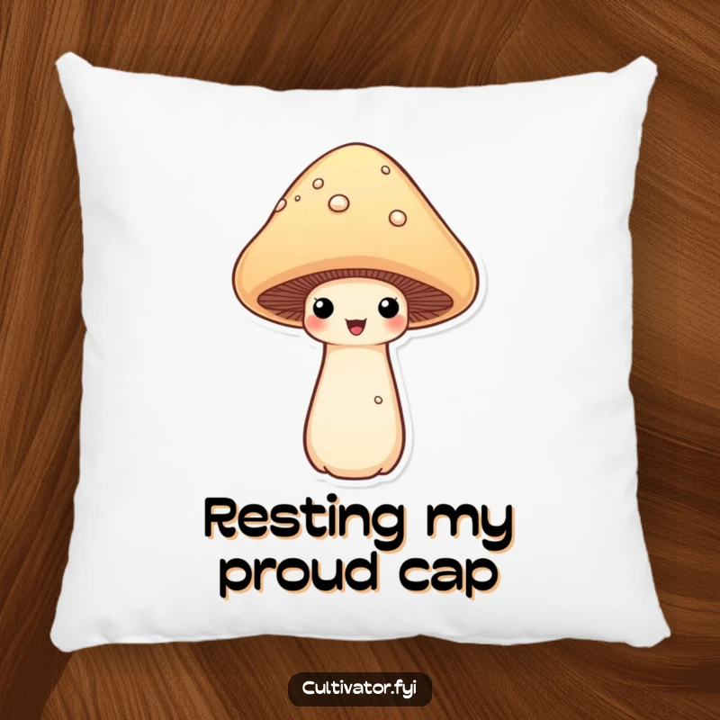 Funny proud mushroom pillow with a mushroom proudly displaying its fully grown cap, offering comfort and a humorous visual for any home.