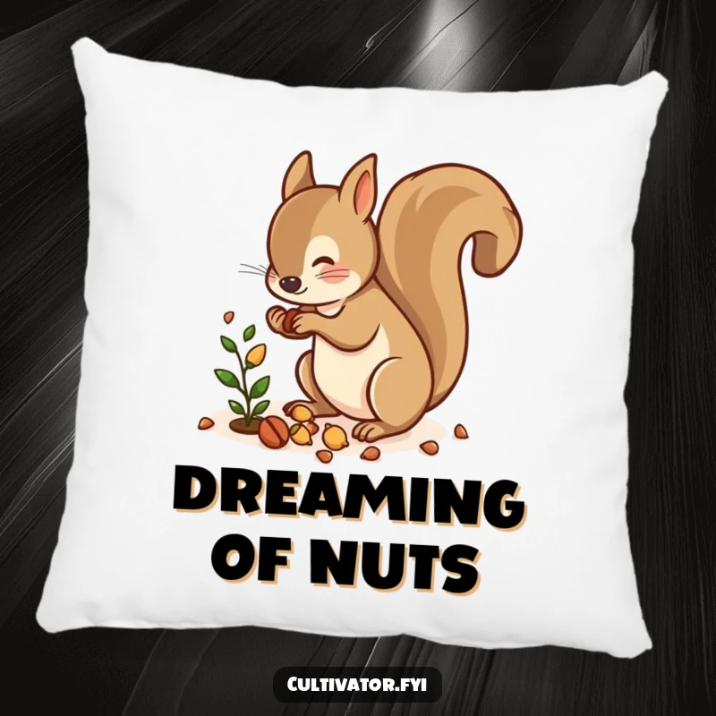 Funny pillow featuring a playful squirrel scattering nuts near a small plant, bringing cozy woodland humor.