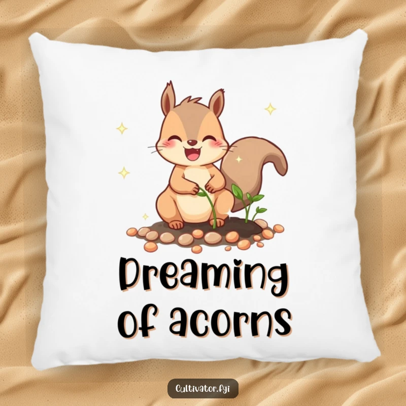 Funny pillow featuring a joyful squirrel character humorously planting sparkling seeds, providing a soft and funny decorative touch.