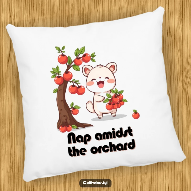 Funny Pillow with a design of a joyful animal character happily picking ripe fruits from a miniature tree, adding comfort and nature-themed humor.