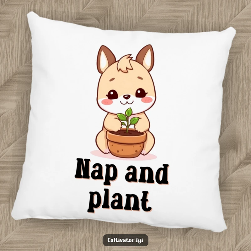 Funny pillow with a smiling animal character happily planting a tiny seedling in a pot, perfect for cozy decor.