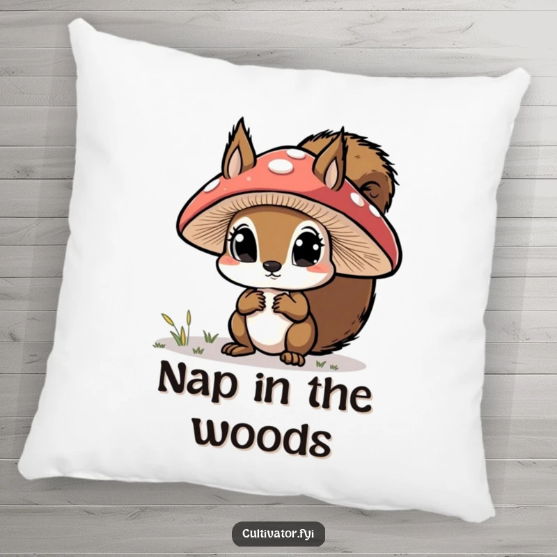 Funny pillow, curious squirrel examining a large mushroom cap with wide eyes, soft and humorous cushion.