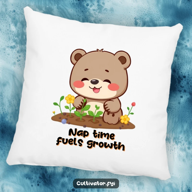 Funny bear pillow featuring a giggling bear planting seeds with focus, adding a touch of cozy humor to any space.