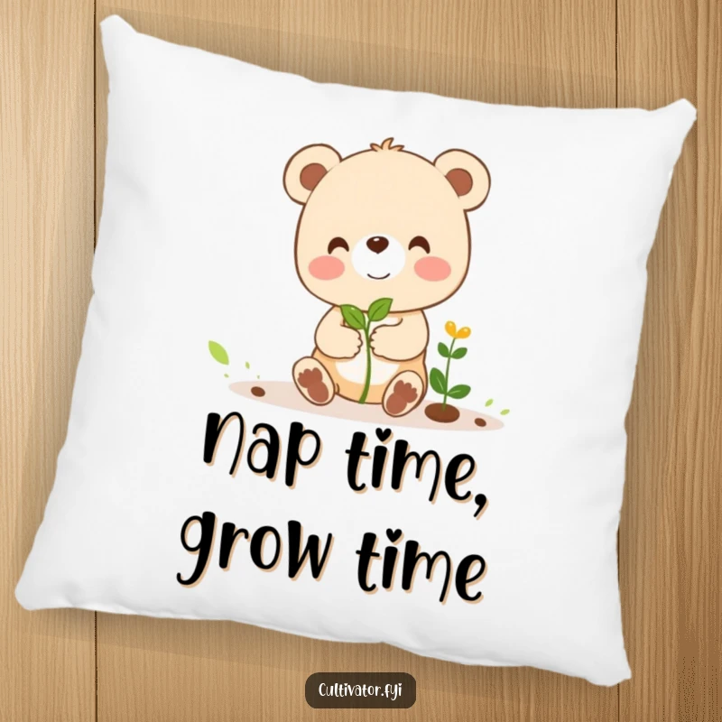 Funny pillow featuring a cheerful bear cub character humorously guiding a tiny sprout, providing a soft and funny decorative touch.