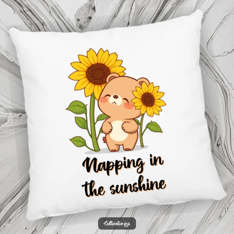 Funny pillow featuring a plump, giggling bear character admiring a sunflower that reaches far above its head, adding a touch of humor to decor.
