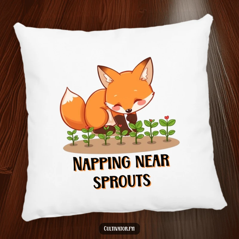 Funny fox pillow featuring a playful fox tending to tiny seedlings with enthusiasm, a soft funny gift.