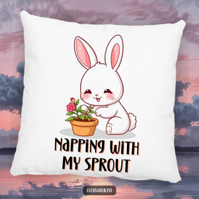 Funny pillow featuring a smiling bunny character tending a small, vibrant potted plant, offering comfort and cute decor.