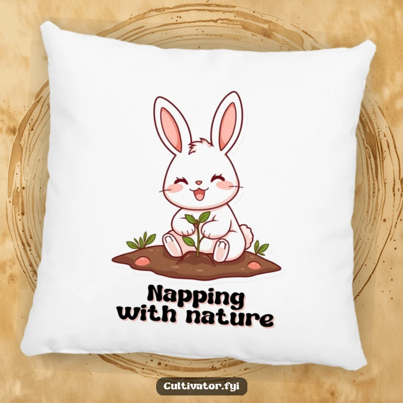 Funny cheerful rabbit planting a tiny seed with a big smile pillow, soft and comforting, celebrating gardening.