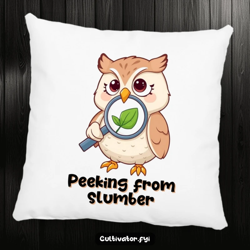 Funny owl pillow, depicting an owl using a magnifying glass on a small leaf, ideal for comfort.