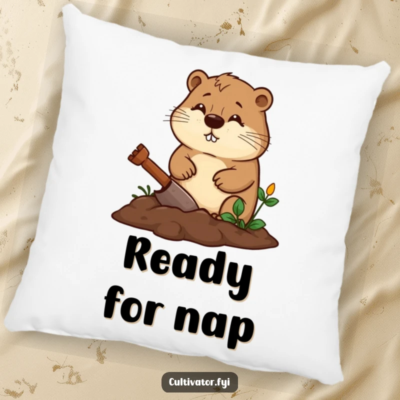 Funny beaver pillow featuring a diligent beaver digging a garden bed with a determined expression, a soft funny gift.
