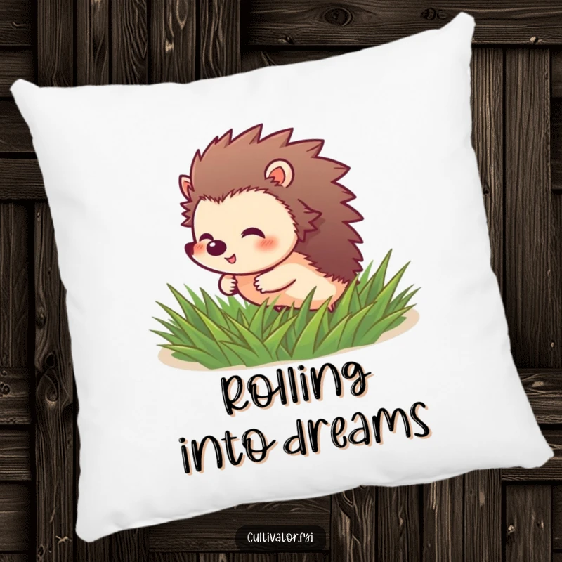 Funny Hedgehog Pillow: Soft cushion featuring a giggling hedgehog character rolling through soft green grass.