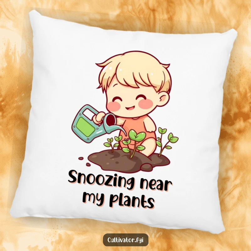 Funny smiling character watering sprouts with a small colorful watering can pillow, soft and comforting, celebrating plant care.