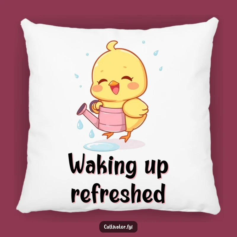 Funny Chick Dewdrop Pillow - Joyous Bird Collecting Drops, Cozy Spring Comfort Gift