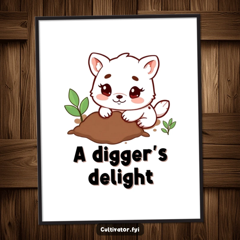 Funny Digital Art Print of a determined animal character happily digging in the soil with small paws, perfect for garden-themed decor.