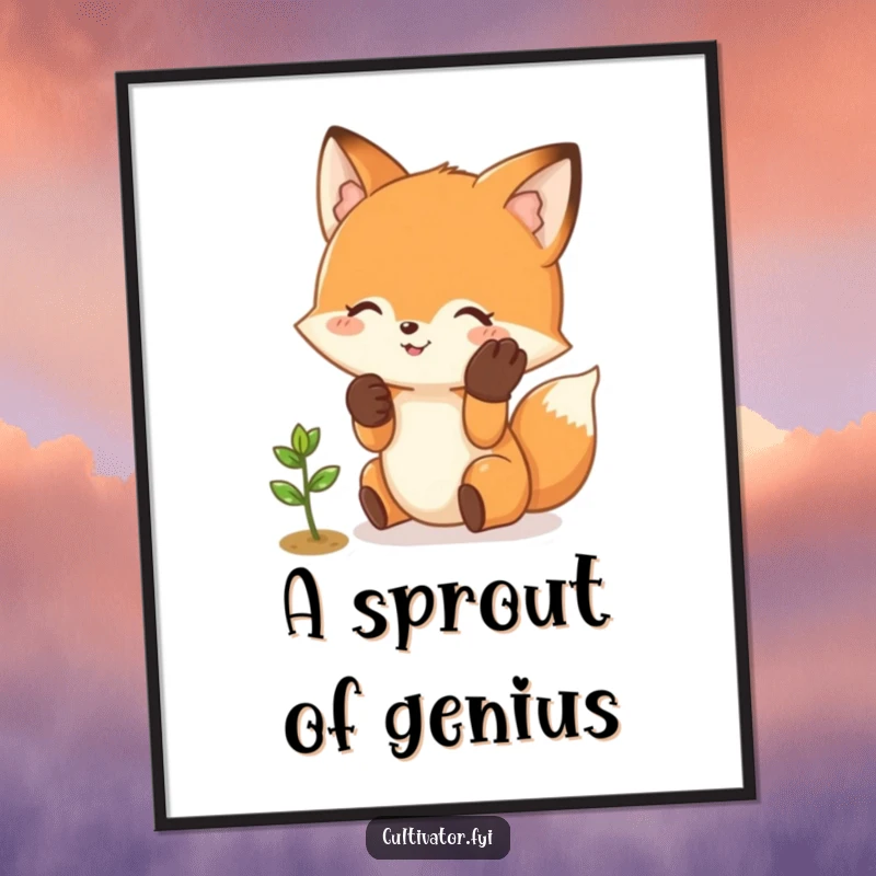 Funny Fox Digital Art Print: Happy fox character wearing gloves gently tending a small sprout, serene.