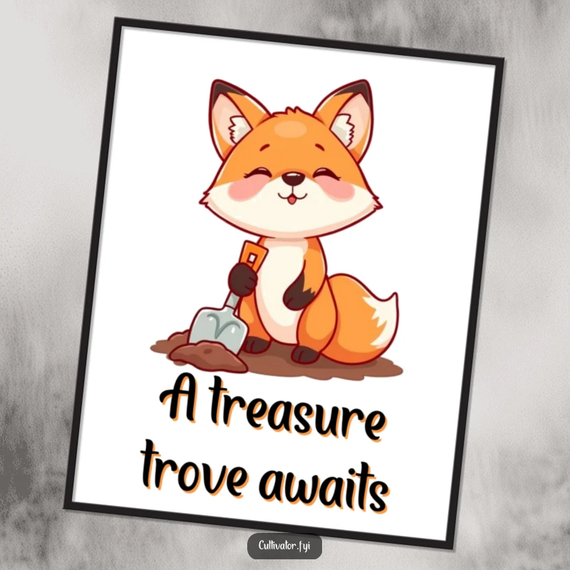 Funny fox holding a small shovel and digging with delight, as digital art, offering humorous and bold printable decor.