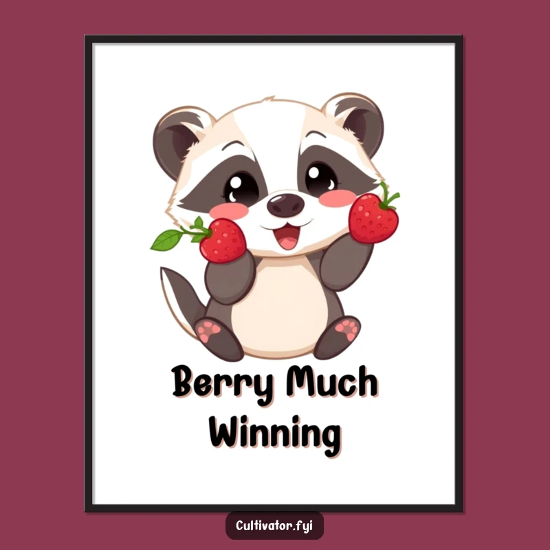 Funny Badger Berry Digital Art - Playful Showing Off Fresh Pick, Instant Nature Decor Gift