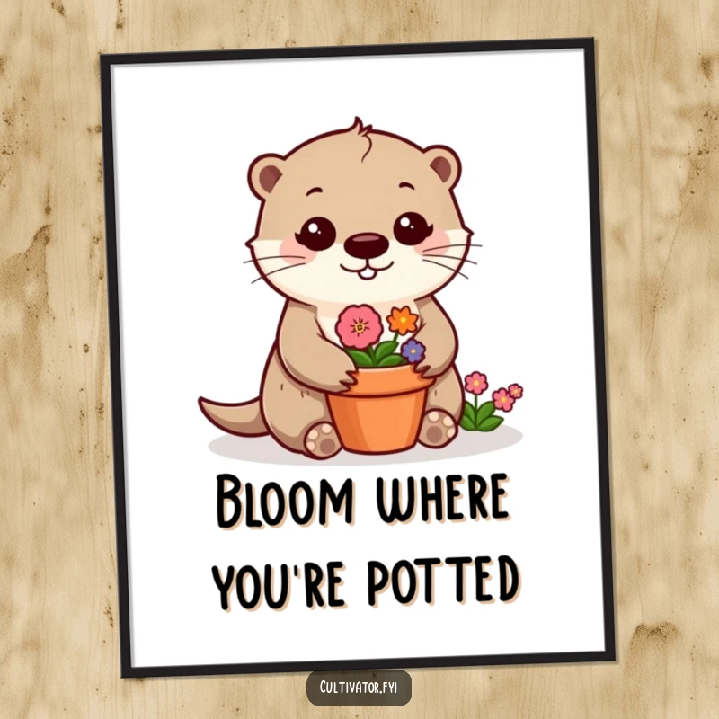 Funny otter flower digital art print of a cheerful otter tending a vibrant flower pot, ideal for charming wall decor.
