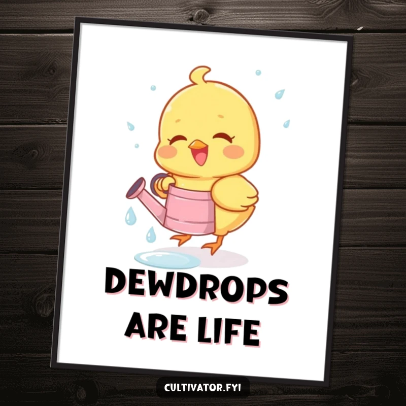Funny digital art print of a joyous chick happily collecting dewdrops in a tiny watering can, offering charming spring decor.