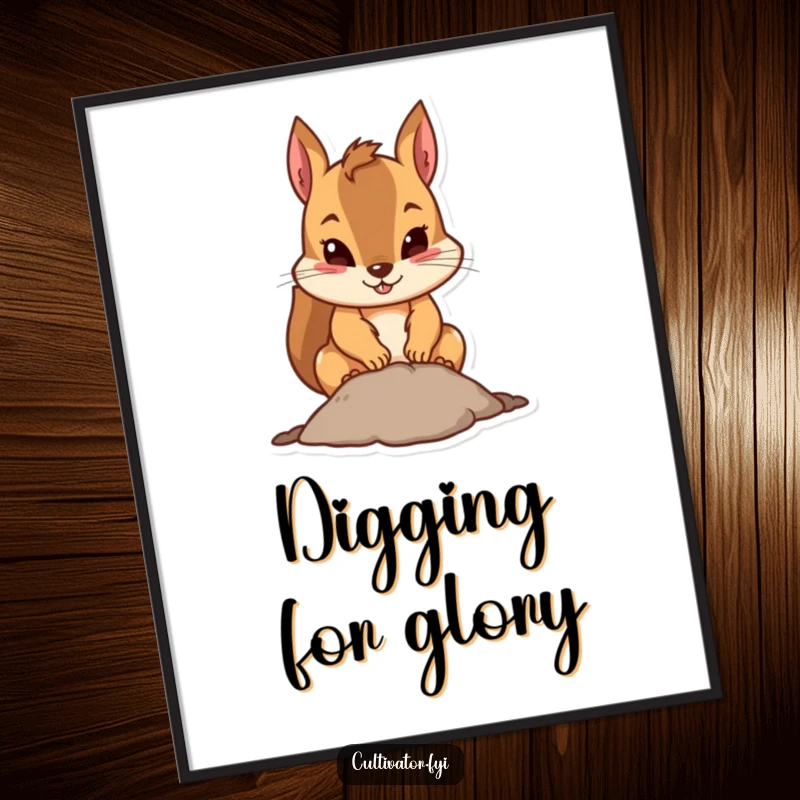 Funny squirrel digital art print of a determined squirrel digging, perfect for motivational and humorous displays.